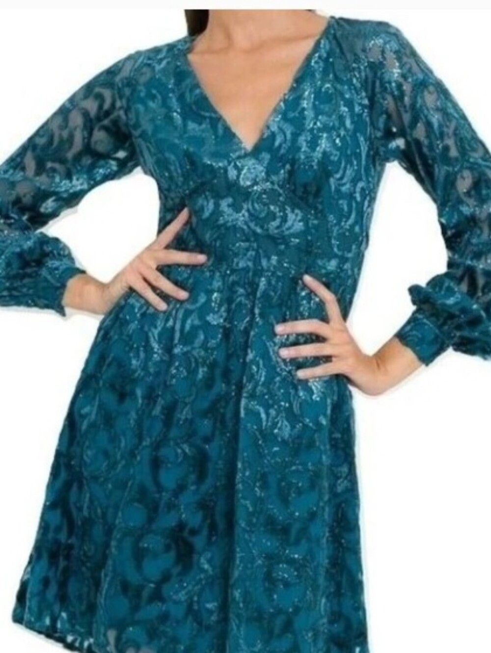 MICHAEL Kors NWT Luxe Teal Deep V-Neck Metallic Burn Out Velour Dress Misses XXS